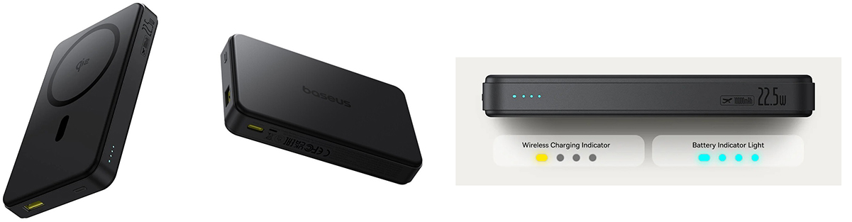 پاوربانک 10000mAh مگنتی 22.5 وات بیسوس PPWPQ10-20 با دو پورت USB-C و USB-A و نشانگر LED برای نمایش سطح باتری باقی‌مانده و وضعیت شارژ بیسیم